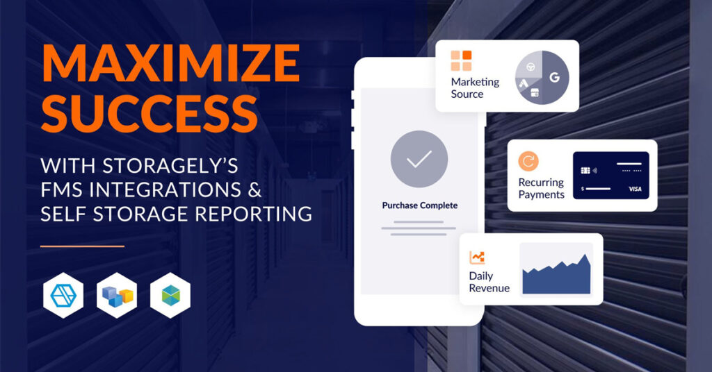 Storage unit hallway background with text that reads Maximize Success With Storagely's FMS Integrations and Self Storage Reporting