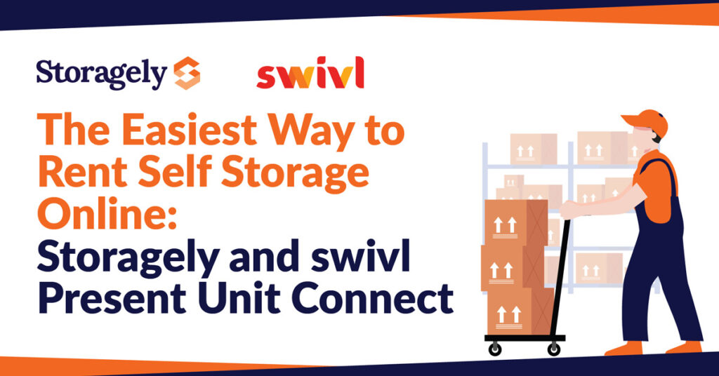 Man rent self storage online and pushes dolly and boxes into unit.