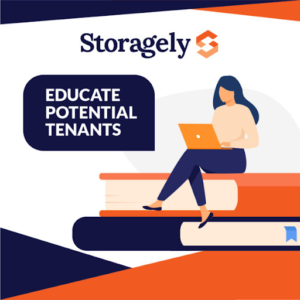Woman writing on stack of books educating potential storage tenants.