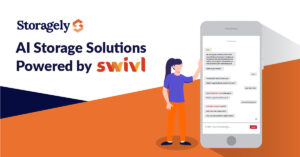 Woman standing next to text reading Al Storage Solutions Powered by swivl