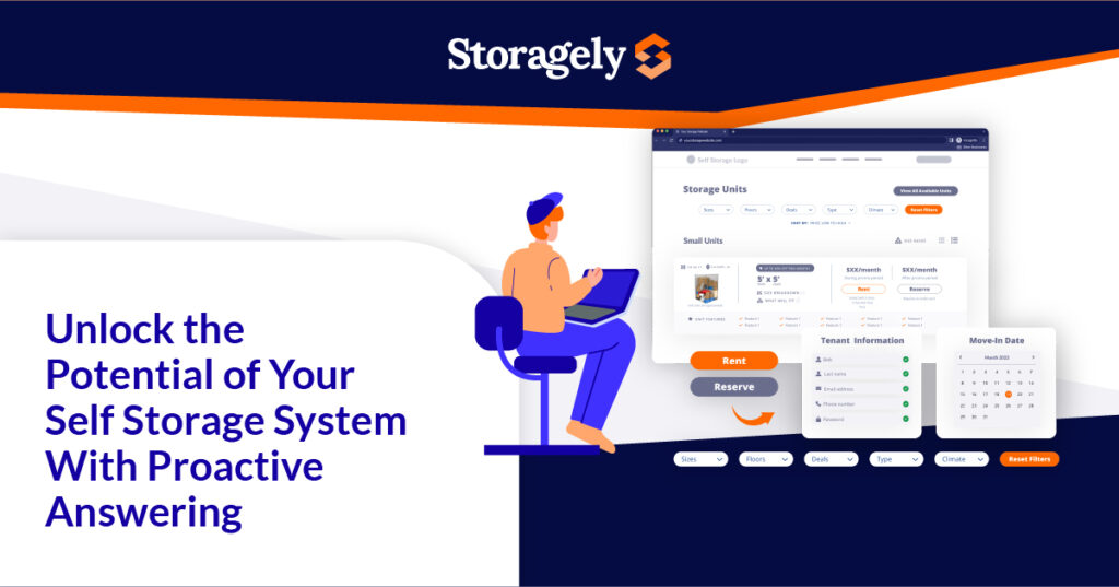 A man in a chair accessing a self storage system on a computer.