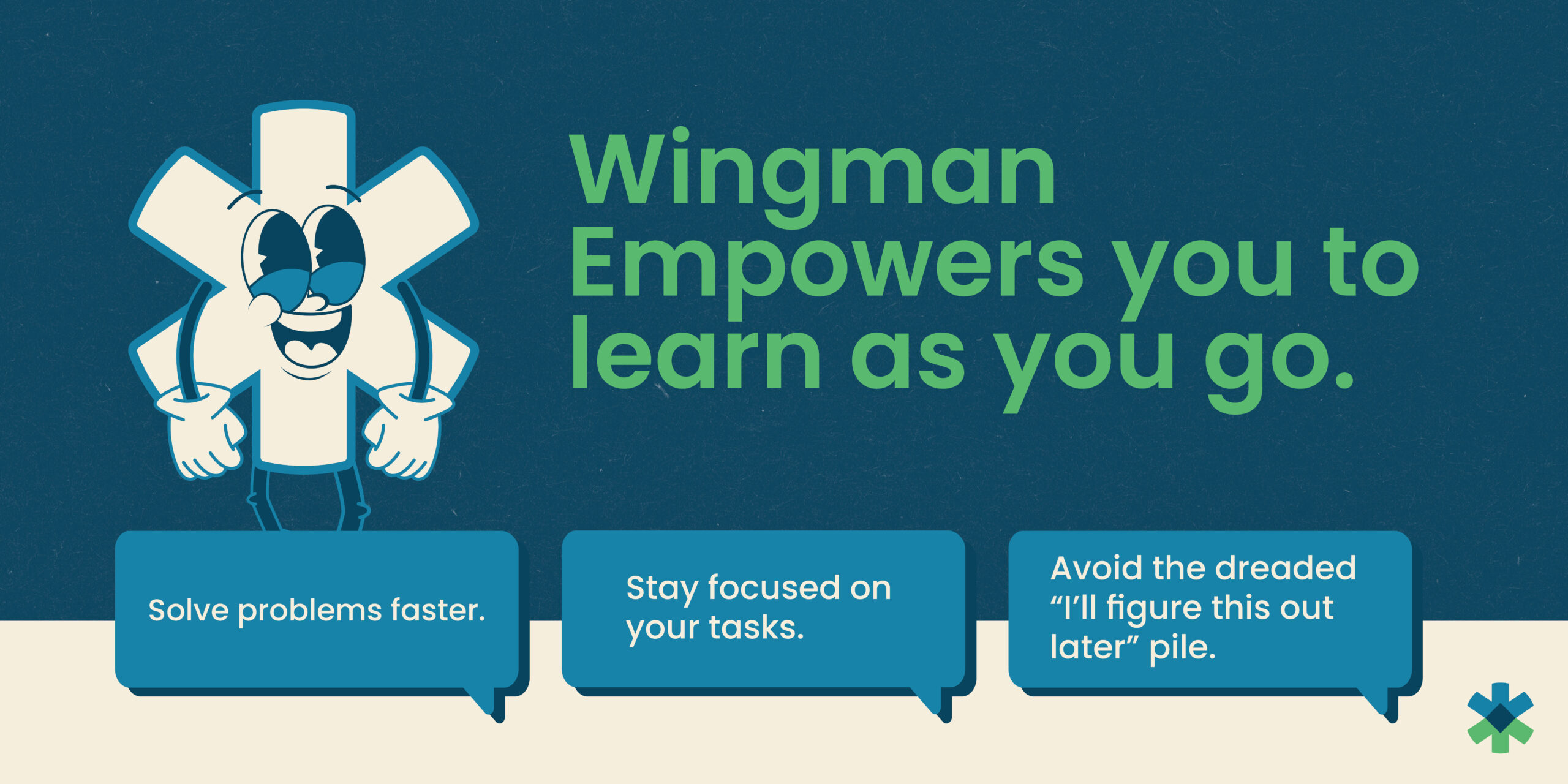 Happy Wingman logo next to text reading Wingman empowers you to learn as you go.