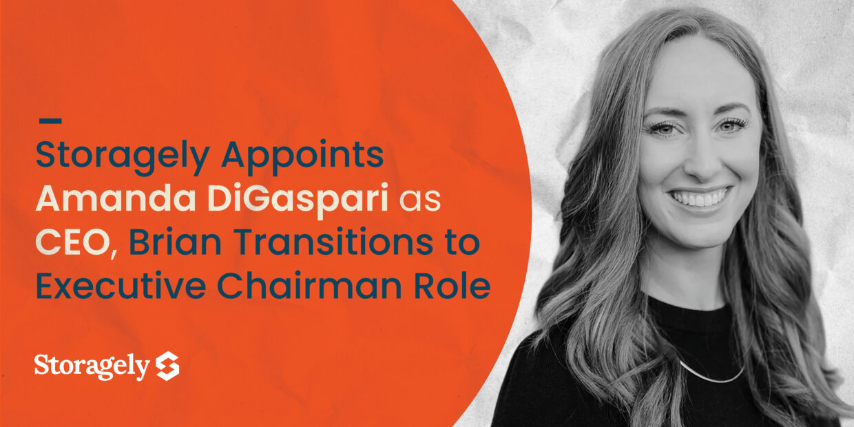 Picture of woman next to text reading Storagely Appoints Amanda DiGaspari as CEO, Brian Transitions to Executive Chairman Role.