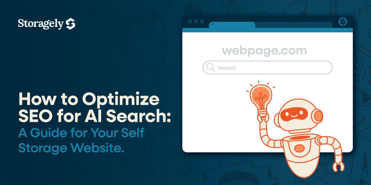 How to Optimize SEO for AI Search: A Guide for Your Self Storage Website text next to robot.