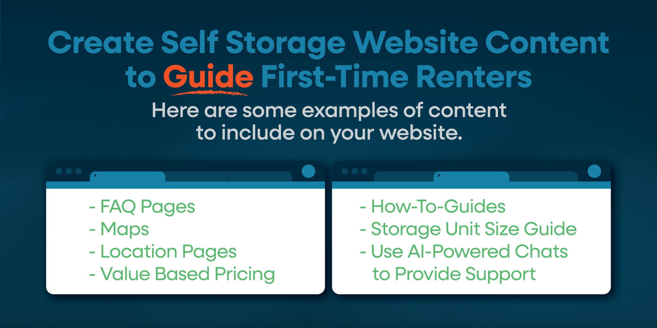 Create Self Storage Website Content to Guide First-Time Renters with examples.