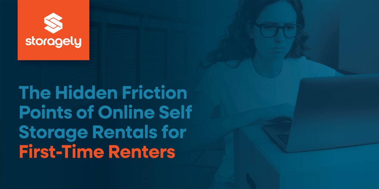 Frustrated woman on computer next to text reading The Hidden Friction Points of Online Self Storage Rentals for First-Time Renters.
