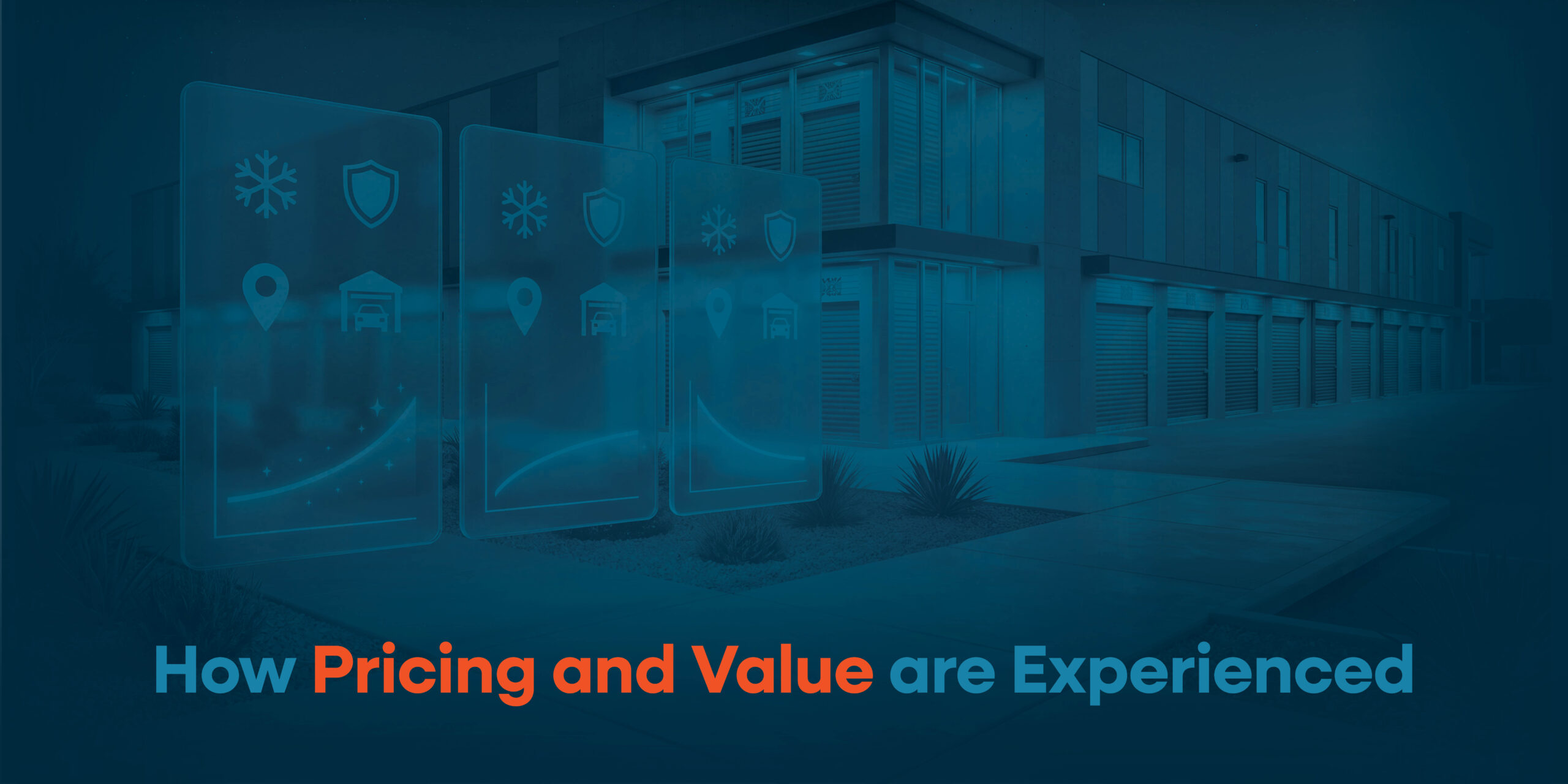 Text reading how pricing and value are experienced next to storage unit building. 
