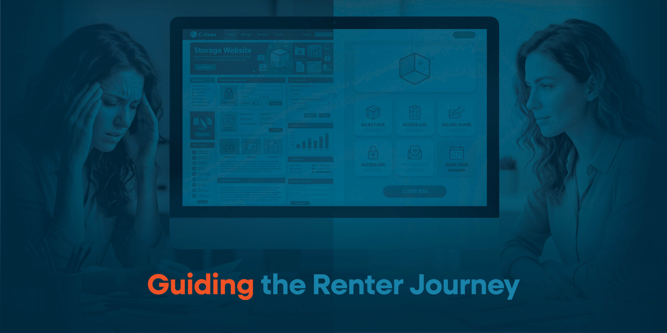 Women going through renter journey on computer.